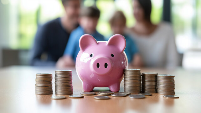 pink piggy bank sits on table surrounded by stacks of coins, symbolizing savings and financial planning. family is blurred in background, emphasizing importance of teaching children about money