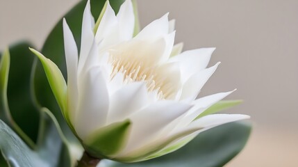 Closeup of a blooming white lotus flower with lush green leaves in soft natural light : Generative AI