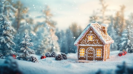 Naklejka premium Christmas and New Year holiday background with gingerbread house in winter forest.