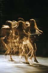A vibrant dance performance with motion paths, blending real dancers and abstract 3D shapes to enhance energy and fluidity. Perfect for advertising, graphic design, or promoting arts and live events.