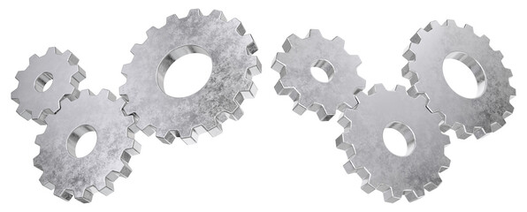 Realistic old gears system set. Isolated cogwheels. 3D rendering.