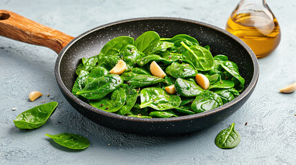 Saut&eacute;ed spinach with garlic and olive oil, served in a small pan, soft natural light in food photography
