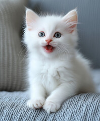 Fluffy white kitten with blue eyes, playfully expressing joy on soft surface. This adorable pet captures hearts with its charming antics and playful demeanor