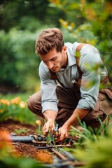 Gardener installing drip irrigation system in garden.