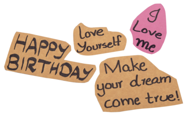 Happy Birthday and other self love hand notes isolated on transparent PNG