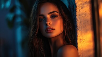 Model poses in dramatic lighting inside an abandoned building during golden hour