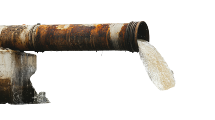 Rusty pipe pouring wastewater on transparent background