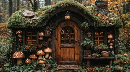 Obraz premium Enchanting Moss Covered Cottage In Autumn Woods