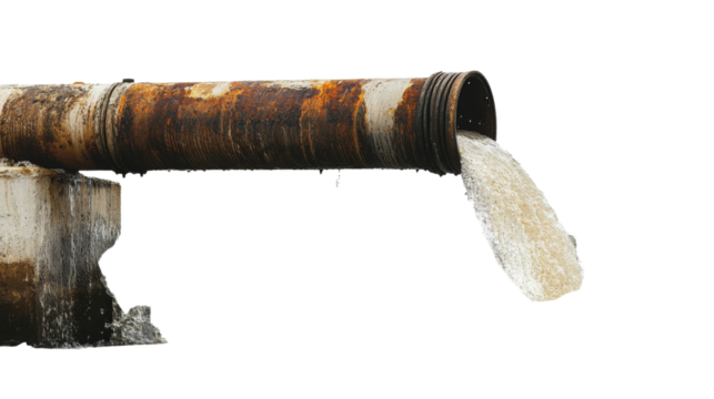 Rusty pipe pouring wastewater on transparent background