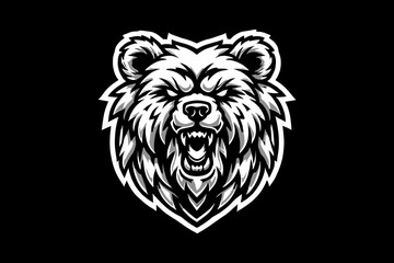 angry bear head Black And White silhouette Design On Black Background