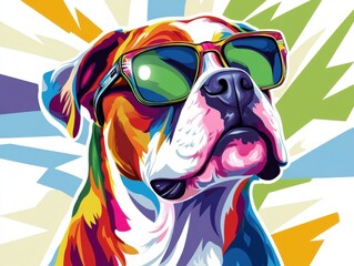 A vibrant cartoon-style dog wears colorful sunglasses, set against a white background with dynamic color bursts, exuding a playful and energetic vibe.