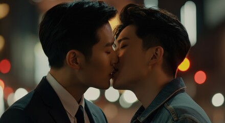 Romantic urban night scene with two young asian males sharing a kiss