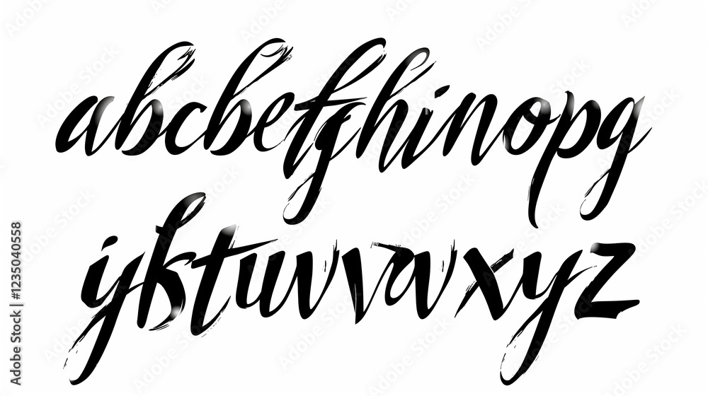 Fototapete elegant handwritten brush script alphabet set in black on a white background, featuring both upperca
