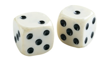 Two white dice showing different numbers on transparent background