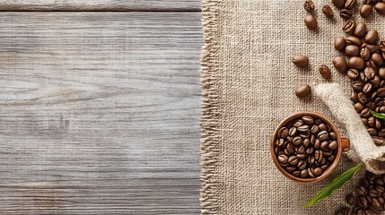 Rustic Arrangement of Coffee Beans on Wooden Background with Burlap : Generative AI