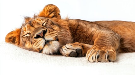 Obraz premium Relaxed Lion Resting Peacefully on Soft Surface in Bright Setting