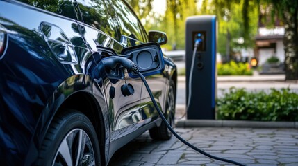 A hybrid car charging at a modern electric vehicle station, Electric vehicle lifestyle theme, Eco-friendly style