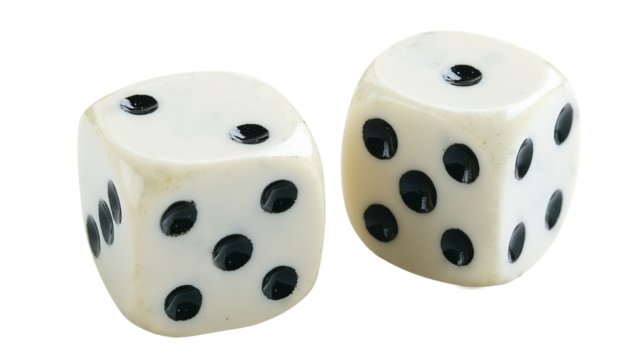 Two white dice showing different numbers on transparent background