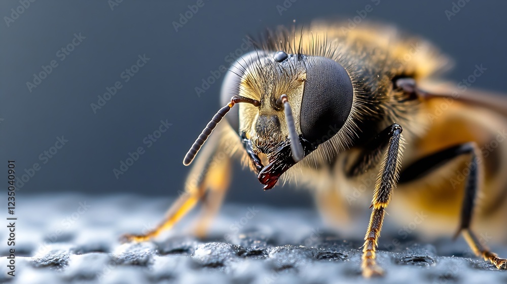 Poster detailed closeup of a bee with antennae on a textured surface : generative ai