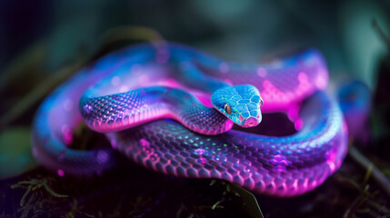 A vibrant, multicolored snake slithers through a dark forest floor, its scales illuminated with iridescent hues against the natural brown leaves and green foliage.
