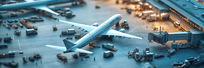 Busy airport terminal bustling with workers and service vehicles while parked airplanes await departure. Generative AI