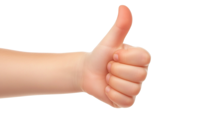 Child hand gesturing thumbs up on transparent background