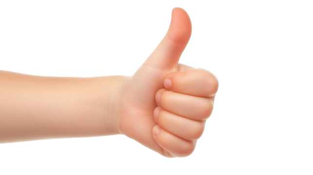 Child hand gesturing thumbs up on transparent background - Powered by Adobe