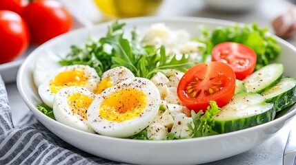 Healthy Fresh Salad with Boiled Eggs Tomatoes and Cucumbers on White Plate : Generative AI