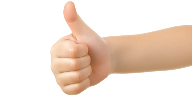 Kid hand making thumbs up gesture on transparent background