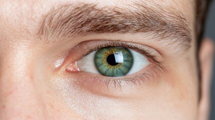 Obraz premium Close-up of a man's green eye, grey background, intense gaze, medical or advertising use