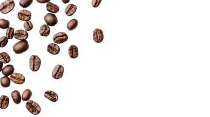 Many coffee beans top view isolated on white and transparent background