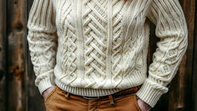 Warm and cozy white cable knit sweater paired with casual brown pants against a rustic wooden background