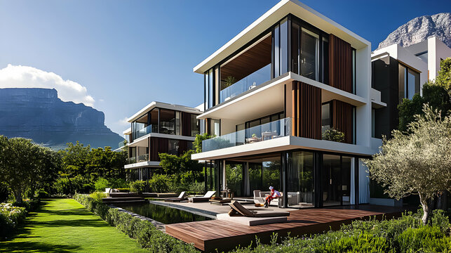 Modern luxury villas with mountain backdrop and tranquil garden setting in bright daylight