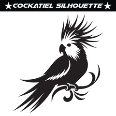 Black and white cockatiel silhouette vector illustration.