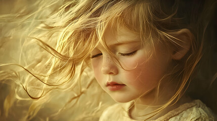 Naklejka premium Girl with flowing hair enjoying a moment of tranquility in natural light during a breezy afternoon