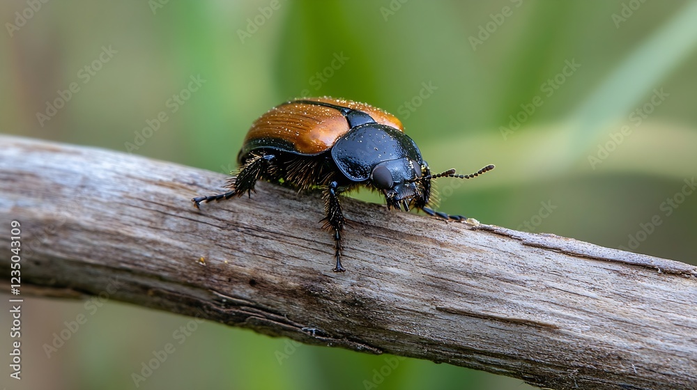 Aufkleber macro view of a black and brown beetle on a wooden branch with blurred natural background : generati