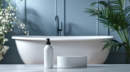 Fototapeta premium Elegant bathroom setting with minimalist design showcasing a bath, clean lines, and natural elements. Generative AI