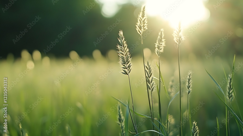 Poster backlit grasses in summer field with warm sunlight and lush greenery : generative ai
