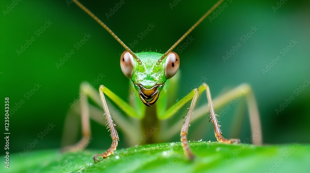 Aufkleber Macro Shot of a Praying Mantis on Leaf with Striking Green Background : Generative AI