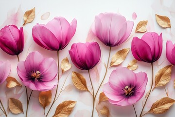 Beautiful arrangement of pink flowers with elegant gold leaves on a white background