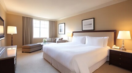 Luxurious Hotel Room Interior with Comfy Double Bed and Elegant Decor : Generative AI