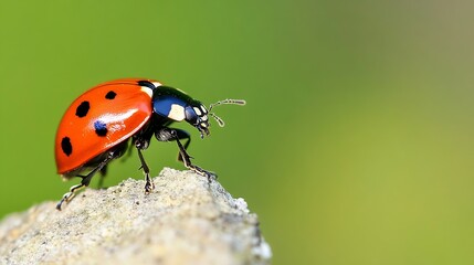 Fototapeta premium Ladybug Poised on a Rock with Vibrant Red Shell and Black Spots Against Green Background : Generative AI