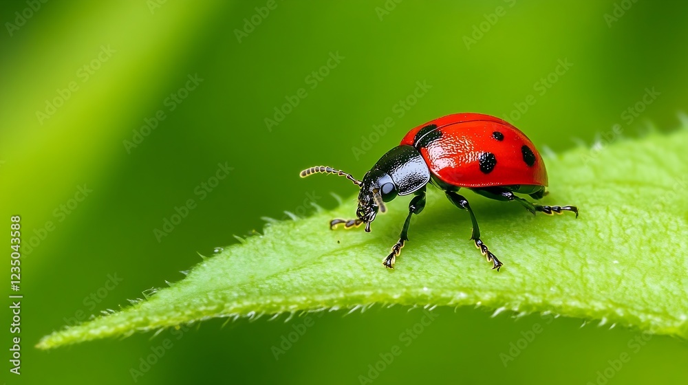 Poster Detailed Macro Photography of Ladybug on Leaf with Vivid Red Shell and Contrasting Green Background : Generative AI