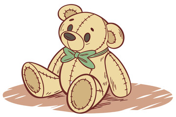 Vintage teddy bear, golden brown fur, worn and well-loved appearance, hand-painted illustration style, soft textured details, big round ears, black button eyes, stitched nose, faded green bow tie, sea