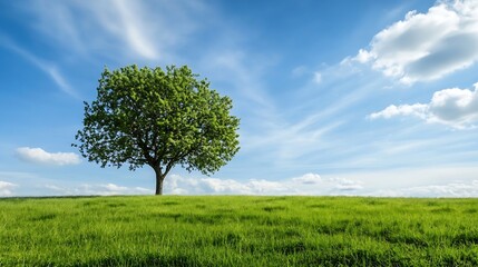 Obraz premium Lonely Tree Standing in a Vast Greenfield Under a Clear Blue Sky : Generative AI