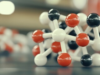 Naklejka premium A 3D molecular model showcasing interconnected atoms with red, white, and black spheres, representing different elements. The background is softly blurred.