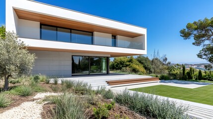 Modern minimalist architecture luxury villa with large windows and garden view : Generative AI