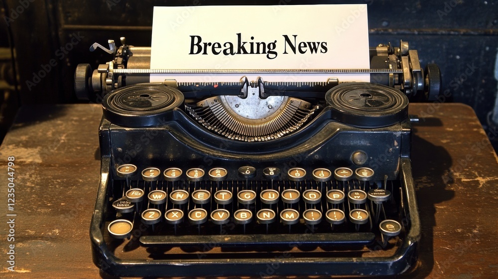 Poster Vintage typewriter with breaking news typed on a crisp sheet of paper in an old fashioned setting. Generative AI