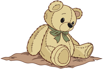 Vintage teddy bear, golden brown fur, worn and well-loved appearance, hand-painted illustration style, soft textured details, big round ears, black button eyes, stitched nose, faded green bow tie, sea