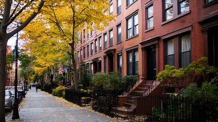 Charming autumn street lined with townhouses and vibrant fall foliage : Generative AI